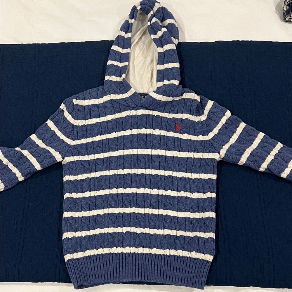 Striped POLO Blue and White Hooded Sweater Kids Boys S (8) P